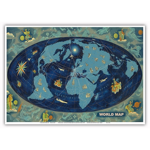 World Map - Global World Route Map - Planisphere - Vintage Airline Travel Poster by Lucien Boucher c.1959 - Master Art Print 10in x 14in