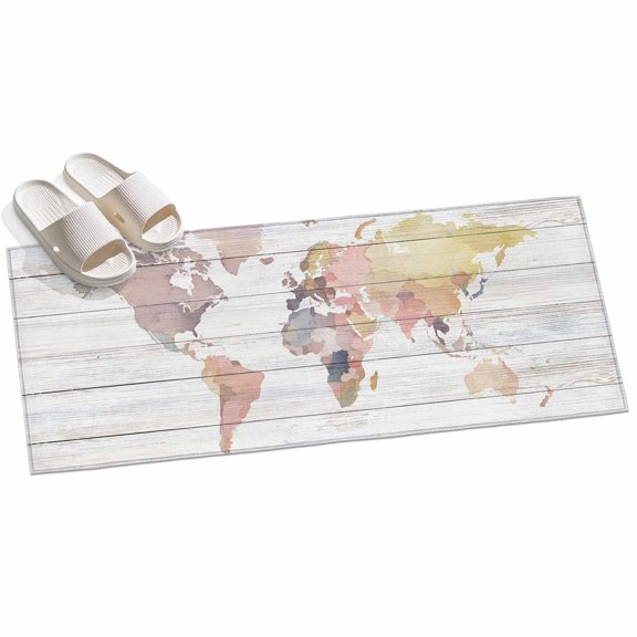 World Map Hallway Runner Rug 2x6 Washable Non Slip Kitchen Runner Rug for Bedside Bathroom Farmhouse Abstract Illustration Wooden Grain Indoor Floor Carpet Area Rugs for Living Room Bedroom Office