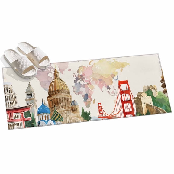 World Map Hallway Runner Rug 2x6 Washable Non Slip Kitchen Runner Rug for Bedside Bathroom Farmhouse Famous Building Tourism Bridge Indoor Floor Carpet Area Rugs for Living Room Bedroom Office