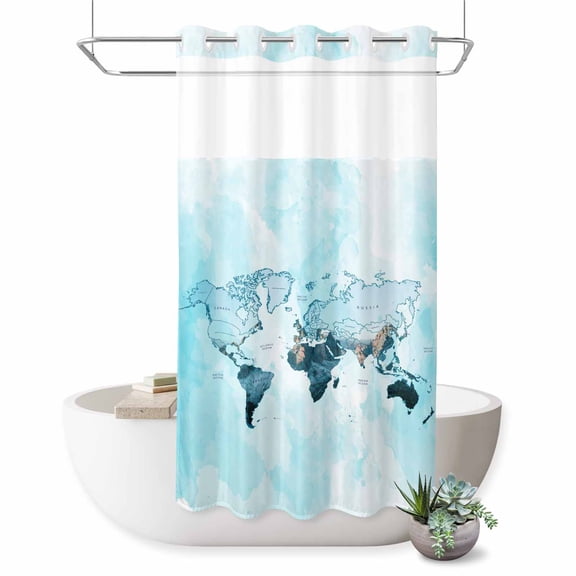 World Map No Hook Shower Curtain Blue Map Abstract Shower Curtain with See Through Top Window, Waterproof Washable Fabric Curtain for Bathroom Hotel Decor, 36Wx72L