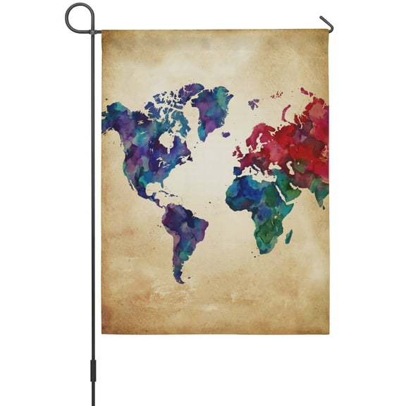 World Map House Flags For Outdoor, Watercolor Splashes Vintage Abstract Map Small Double Side Yard Flags Weather Proof House Decor for Lawn Outside Holiday 28 x 40 Inches