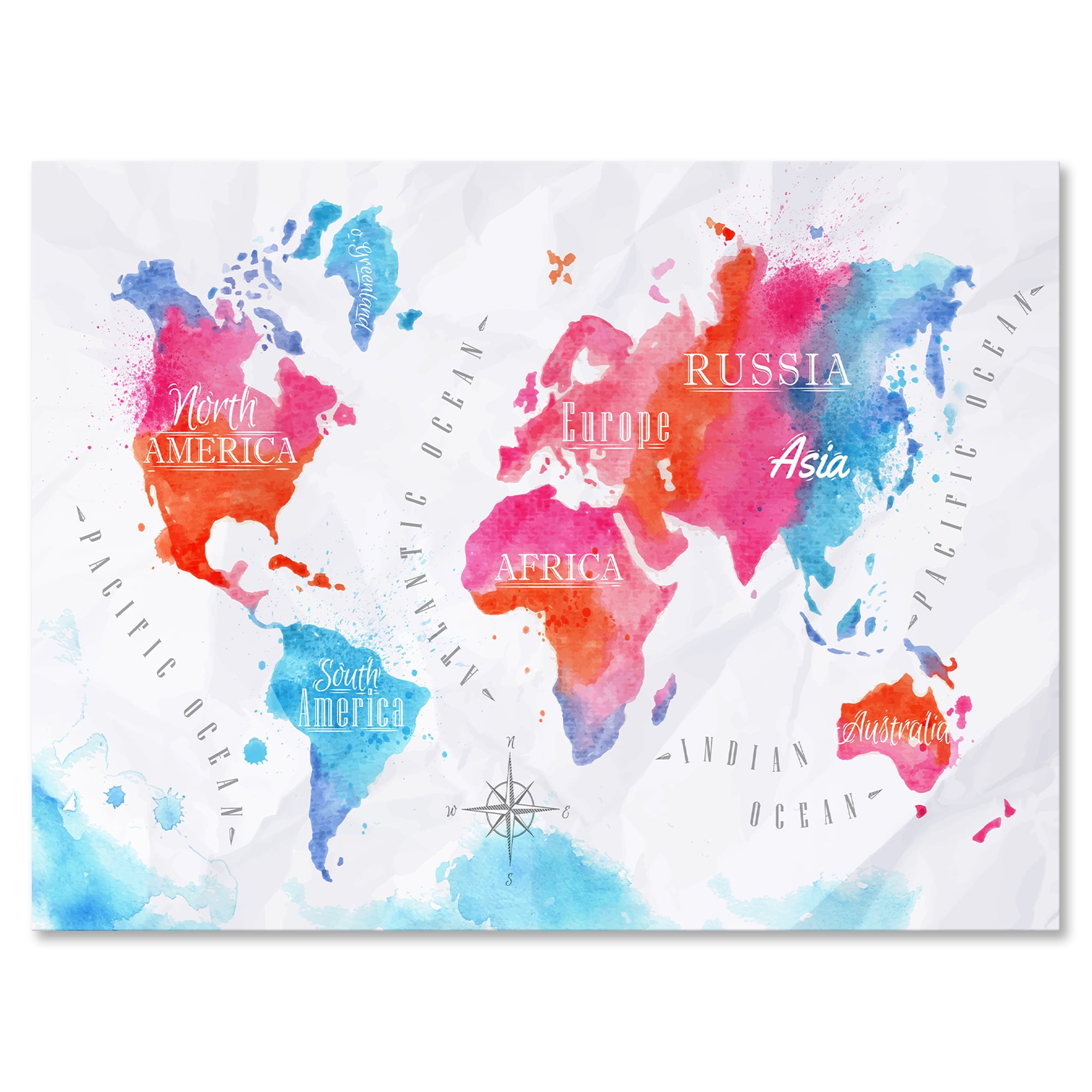 World Map In Blue and Pink 12 in x 8 in Painting Canvas Art Print, by Designart
