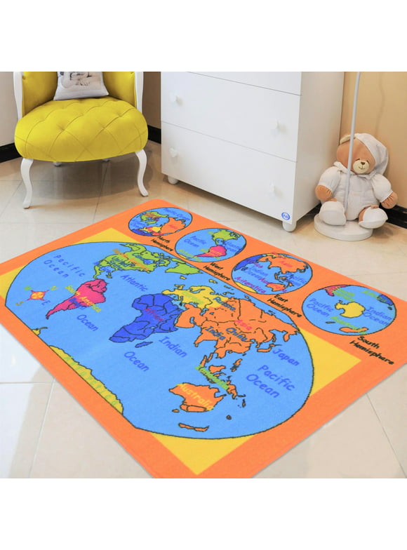 World Map Kids Educational play mat For School/Classroom / Kids Room/Daycare/ Nursery Non-Slip Gel Back Rug Carpet-5 by 7 feet