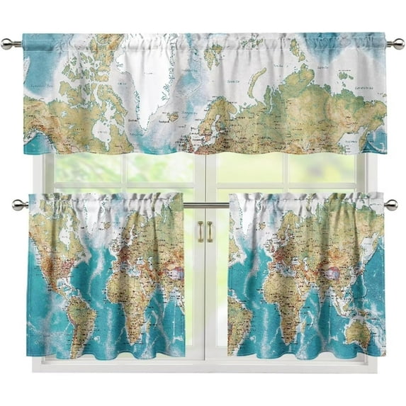 World Map Kitchen Curtain Valance and Tiers Set Stain Resistant Kitchen Window Curtains for Bedroom Stain Resistant Kitchen Window Curtains Over Sink Set of 3