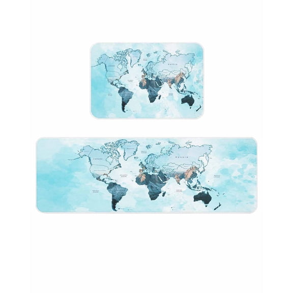 World Map Kitchen Mats for Floor 2 Piece, Blue Map Abstract Absorbent Non-Slip Kitchen Rugs Comfort Standing Mat for Laundry, Hallways 23.6"x35.4"+23.6"x70.9"
