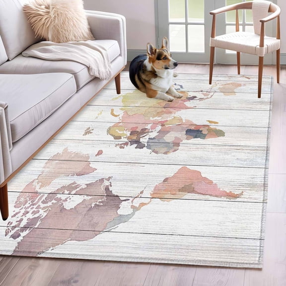 World Map Kitchen Runner Rug 2.7x5 Washable Runners for Hallway Non Slip Farmhouse Abstract Illustration Wooden Grain Large Area Rug Indoor Floor Carpet for Bathroom Laundry Entryway Bedroom