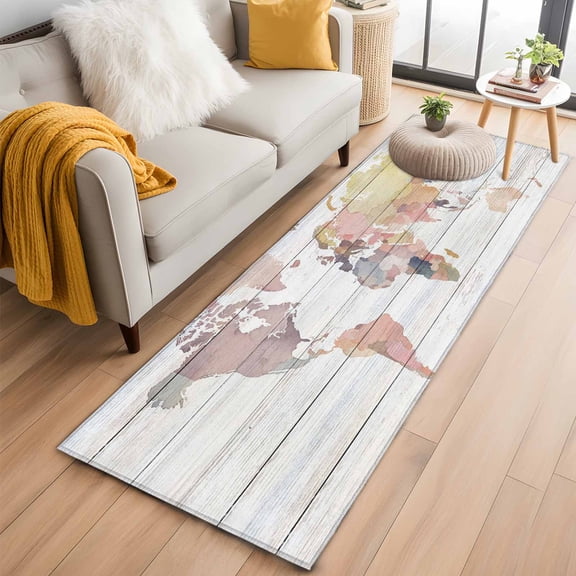 World Map Kitchen Runner Rug 2x6 Washable Runners for Hallway Non Slip Farmhouse Abstract Illustration Wooden Grain Large Area Rug Indoor Floor Carpet for Bathroom Laundry Entryway Bedroom