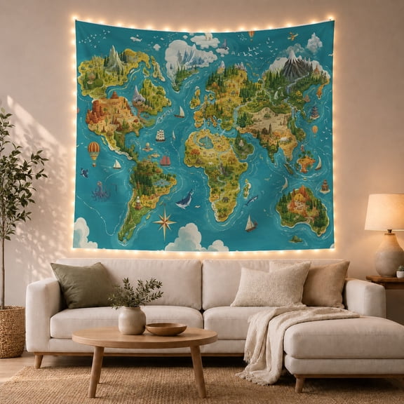 World Map Landmarks Across Turquoise Oceans, Playful Illustration for Travel Lovers, Educational Wall Art, Graduation Gift, Tapestry Wall Hanging for Classroom and Dorm