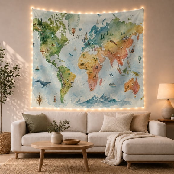 World Map with Landmarks and Travel Routes, Adventurous Watercolor Style for Travel Lovers, Geography Wall Art, Graduation Gift, Tapestry Wall Hanging for Classroom and Dorm
