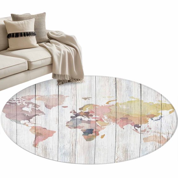 World Map Large Area Rugs for Bedroom Living Room, Soft Non Slip Carpet Bedside Rug, Farmhouse Abstract Illustration Wooden Grain Round Floor Cover Kitchen Accent Rug 4' for Dining Room/Office