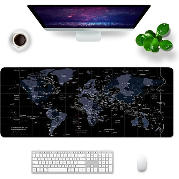 World Map Large Mouse Pad Gaming Mouse Pad XL Desk Mat 31.5x11.8x0.12 inch Desk Pad Black Mouse Pad (World Map)