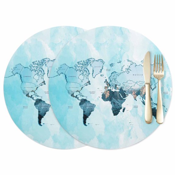 World Map Leather Placemats Set of 2, 12 Inch, Blue Map Abstract Waterproof Oil-Proof Place Mats, Non-Slip Table Mats for Kitchen, Dining Room, Indoor Outdoor