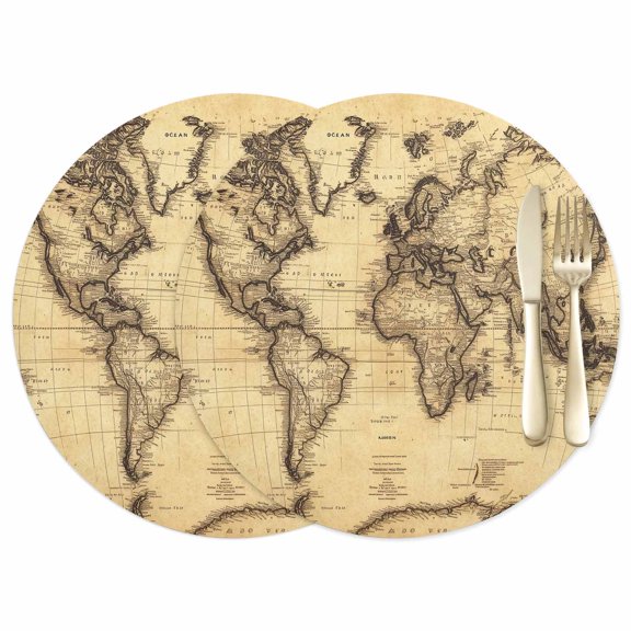 World Map Leather Placemats Set of 2, 12 Inch, Retro Yellow Plate Line Abstract Waterproof Oil-Proof Place Mats, Non-Slip Table Mats for Kitchen, Dining Room, Indoor Outdoor