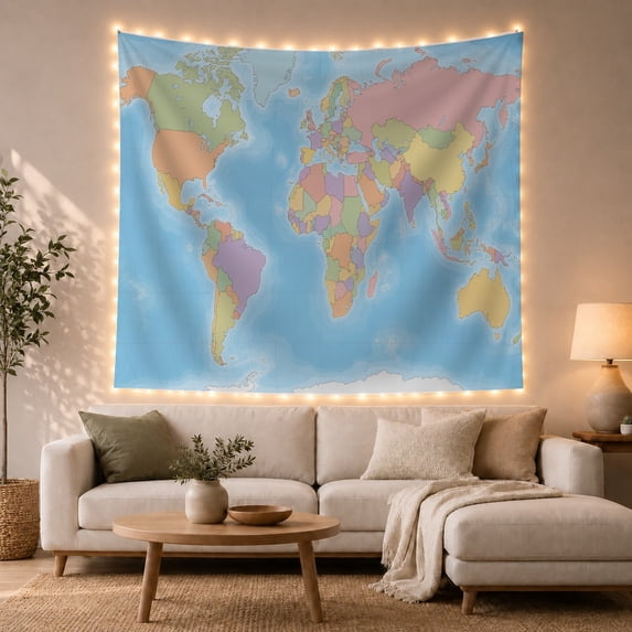 World Map on Light Blue Ocean, Calming Illustration for Geography Lovers, Pastel Continents Art Decor, Graduation Gift Tapestry Wall Hanging for Dorm and Bedroom