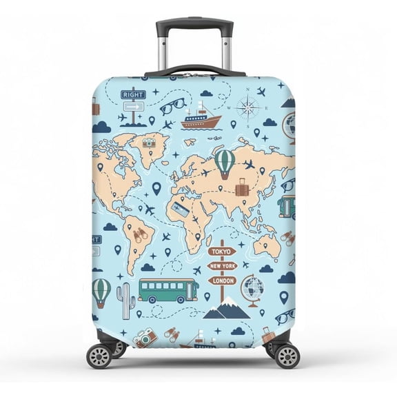 World Map Luggage Cover Flight Path Road Sign Elastic Baggage Covers City Labels Dust-Proof Suitcase Sleeve Anti-Scratch Washable Suitcase Protector M Fit 22-25 inch Luggage