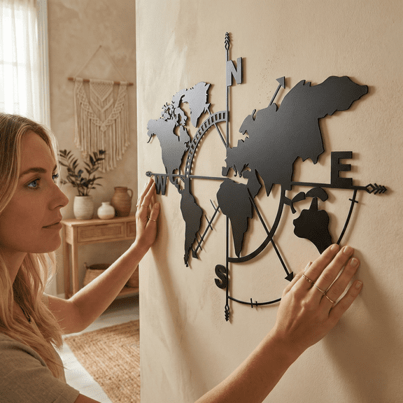 World Map Metal Wall Decor for Home and Outside - Wall-Mounted Geometric Wall Art Decor - Drop Shadow 3D Effect Wall Decoration for Living Room Bedroom