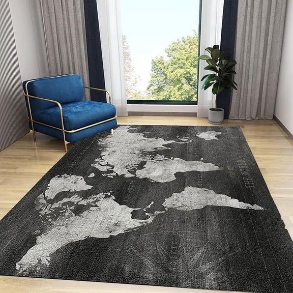 World Map Modern Area Rug For Living Room Bedroom, Black White Abstract Rug Non-Slip Carpet Non-Shedding For Kids Nursery Room Washable Rug 2 x 3ft