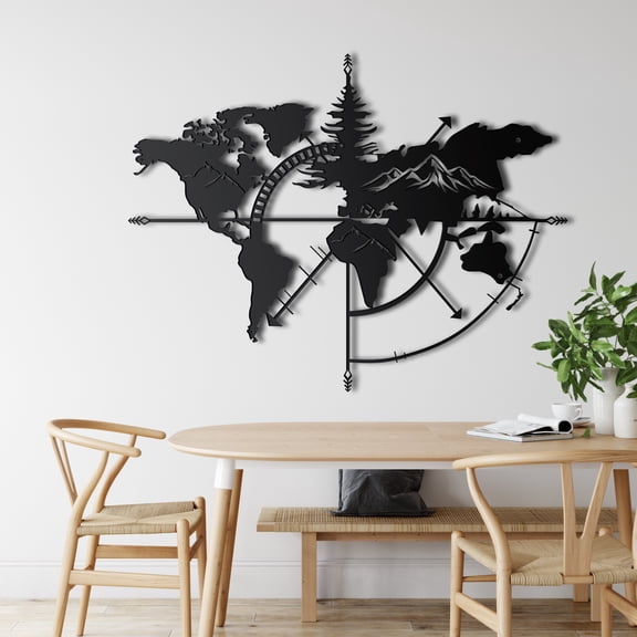 World Map Mountain Metal Wall Art for Home and Outside - Wall-Mounted Geometric Metal Wall Decor - Drop Shadow 3D Effect Wall Decoration for Living Room Bedroom