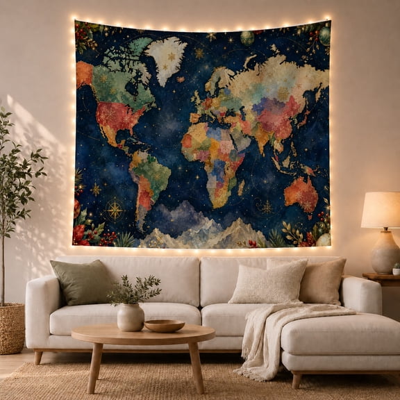 World Map on Navy Starry Sky with Mountains, Dreamy Watercolor Style for Travel Lovers, Geography Wall Art, Housewarming Gift, Tapestry Wall Hanging for Study Room and Dorm