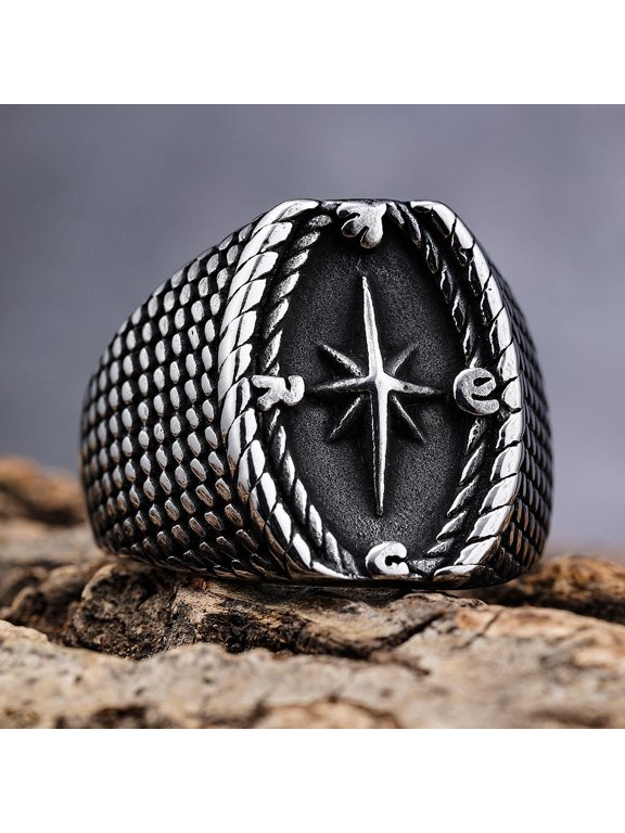 World Map North Star Signet Ring For Men Women 14K White Gold Filled Retro Explorer Jewelry