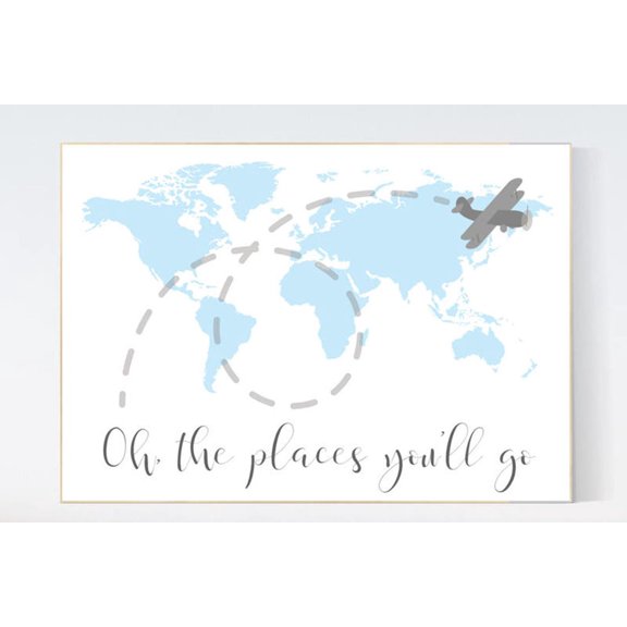 World Map Nursery Decor 'Oh The Places You'Ll Go' Blue Print