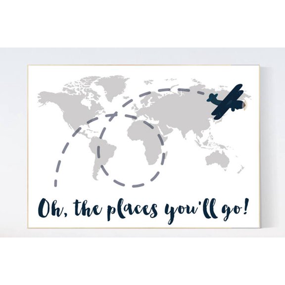 World Map Nursery Print Gray Travel Decor Style 772