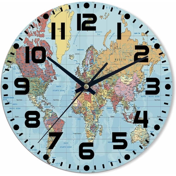 World Map Ocean Countries Wall Clock, Silent Battery Operated, 12x12 inch