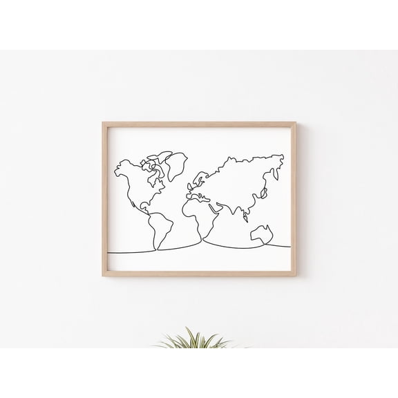 World Map One Line Drawing Wall Art Poster, Stretched Canvas 8x10in
