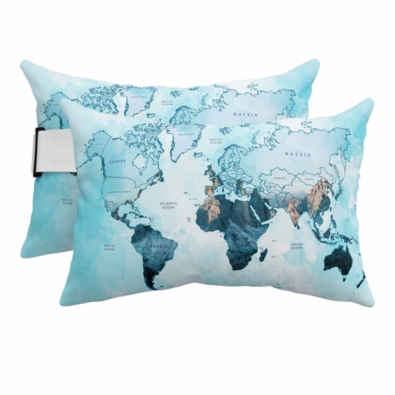 World Map Outdoor Chaise Lounge Pillows Blue Map Abstract Lumbar Pillows with Insert Adjustable Elastic Strap Headrest Pillow for Recliner Patio Chair 2 Pack 11x16 Inch