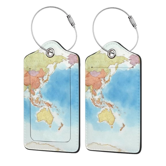 World Map PU Leather Suitcase Tag with Stainless Steel Loop and Address Card for Baggage Tag 2 PCS