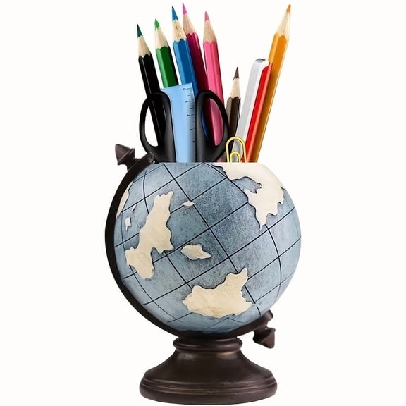 World Map Pen Holder - 360 Rotating Desk Organizer, European Style ABS Storage for Office/Classroom (Elegant Gift)