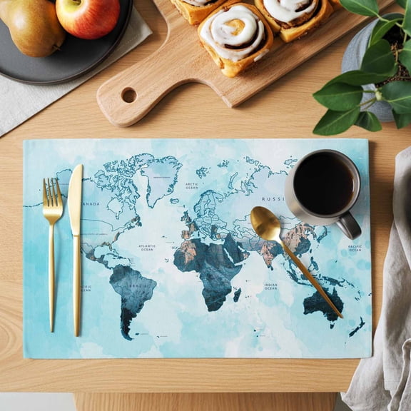 World Map Placemats Set of 1, Blue Map Abstract Heat Insulated Linen Place Mats, Washable Stain-Proof Table Mats for Dining Tables Holiday Decor 13x19 Inches