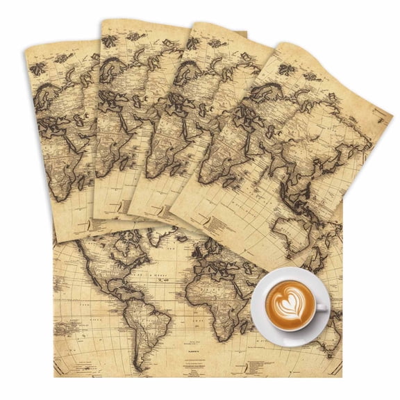 World Map Placemats Set of 1 Retro Yellow Plate Line Abstract Place Mats Washable Table Mats for Party Kitchen Dining Decoration, 13 X 19 Inch