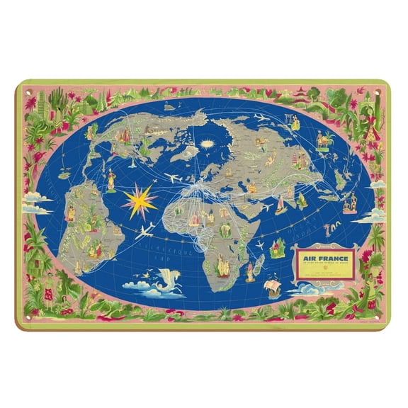 World Map Planisphere - France - The Biggest Network of the World - Vintage Airline Travel Poster by Lucien Boucher c.1952 - 8 x 12 inch Vintage Wood Art Sign
