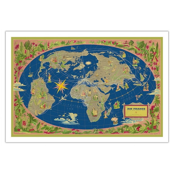 World Map Planisphere - France - The Biggest Network of the World - Vintage Airline Travel Poster by Lucien Boucher c.1952 - Fine Art Matte Paper Print (Unframed) 30x44in