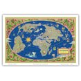 thumbnail image 1 of World Map Planisphere - France - The Biggest Network of the World - Vintage Airline Travel Poster by Lucien Boucher c.1952 - Master Art Print (Unframed) 12in x 18in, 1 of 4