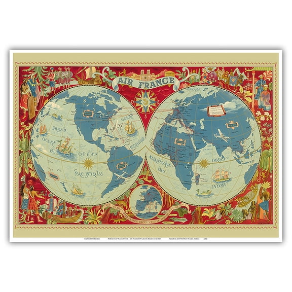 World Map Planisphere - France - Vintage Airline Travel Poster by Lucien Boucher c.1950 - Master Art Print 10in x 14in