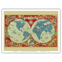 World Map Planisphere - France - Vintage Airline Travel Poster by Lucien Boucher c.1950 - Master Art Print (Unframed) 9in x 12in
