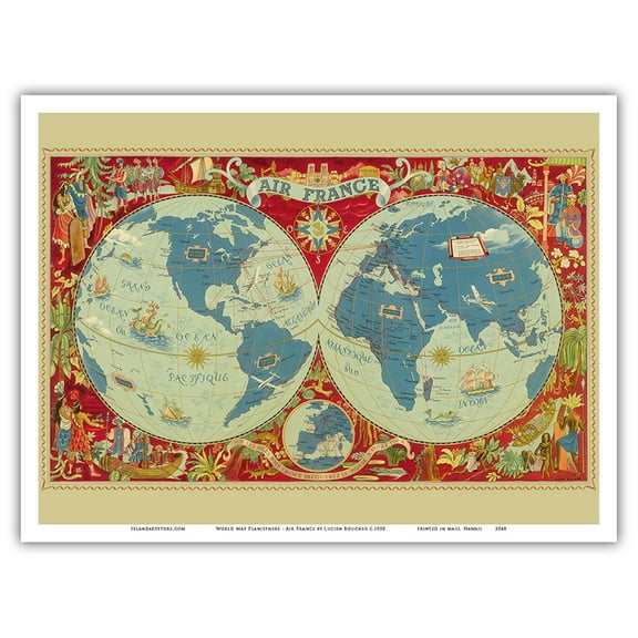 World Map Planisphere - France - Vintage Airline Travel Poster by Lucien Boucher c.1950 - Master Art Print (Unframed) 9in x 12in