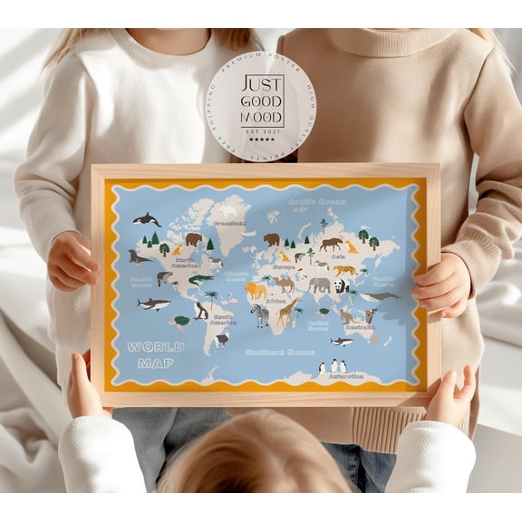 World Map Poster, Animals Of The World Educational Decor, Unframed Paper Poster 8x10in