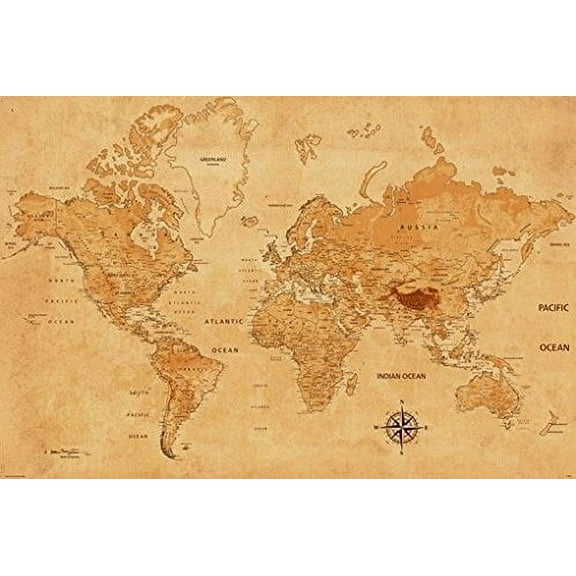 World Map Poster Parchment Ancient Texture New 24x36