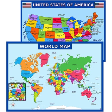 World Map Poster and USA Map with Extra Features - Laminated Educational Poster (14x19.5 in) Maps for Kids, Classroom Decorations, Preschool and Elementary Learning, Teacher Supplies