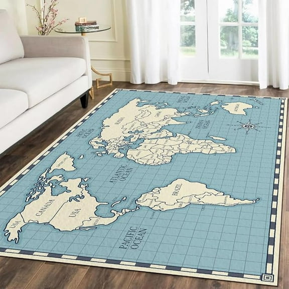 World Map Print Area Rug, Blue Geometric Plaid Rug, Foldable Easy To Clean Soft Modern Indoor Carpet For Apartment Living Room Bedroom Dining Room Decor 5 x 6ft