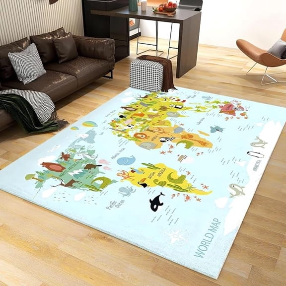 World Map Print Area Rug, Children Education Indoor Non Slip Noise Reduction Large Area Rugs, Stain Resistant Durable Carpet For Teen Boys Room Floor Lounge Nursery 2x3ft