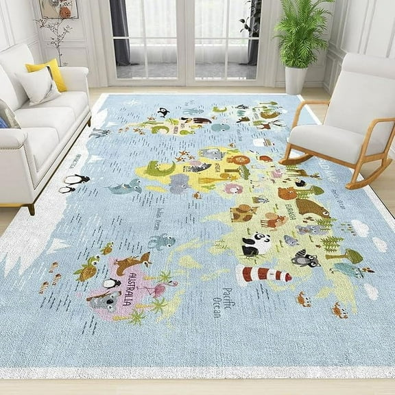 World Map Print Area Rug For Living Room Bedroom, Children Educational Non-Slip Carpet, Kitchen Rugs, Vintage Floor Mat With Rubber Backing 4 x 5ft