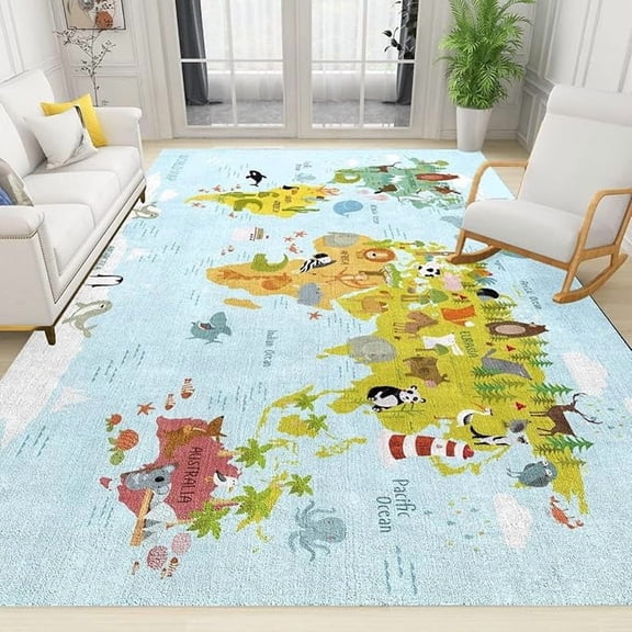 World Map Print Kids Rugs, Children Educational Indoor Decor Carpet, Machine Washable Soft And Comfortable For Decor Teen Boys Room Floor Lounge Nursery 4' x 5'