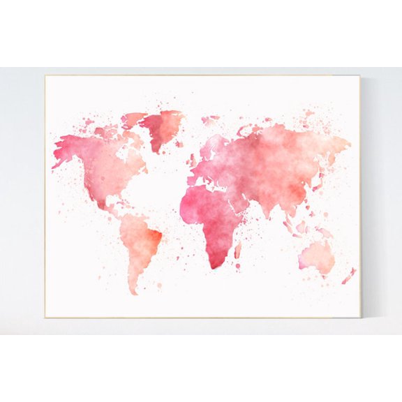World Map Print Pink Nursery Travel Theme Art