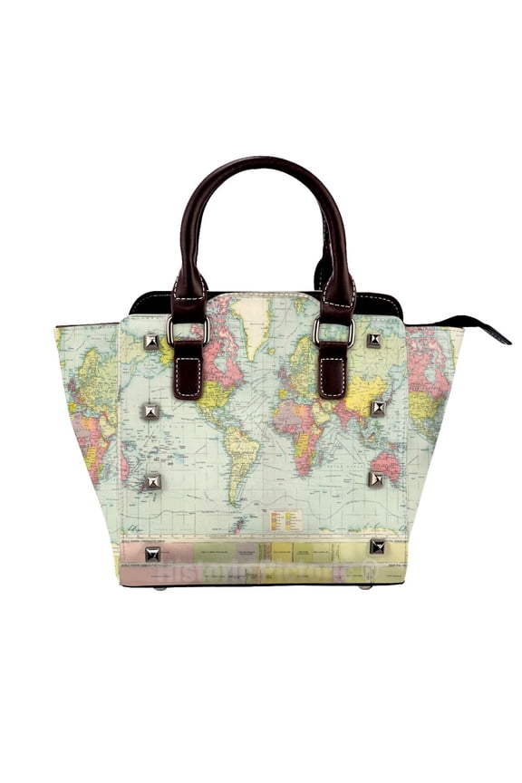 World Map Print Rivet Fashion One-Shoulder Women's Handbag Tote Bag