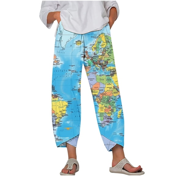 World Map Printed Cropped Pants for Women Plus Size Casual Loose Wide Leg Trousers Comfy Trendy Harem Pants for Beach Resort