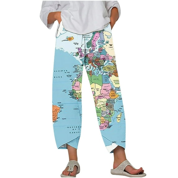 World Map Printed Cropped Pants for Women Plus Size Casual Loose Wide Leg Trousers Comfy Trendy Harem Pants for Beach Resort
